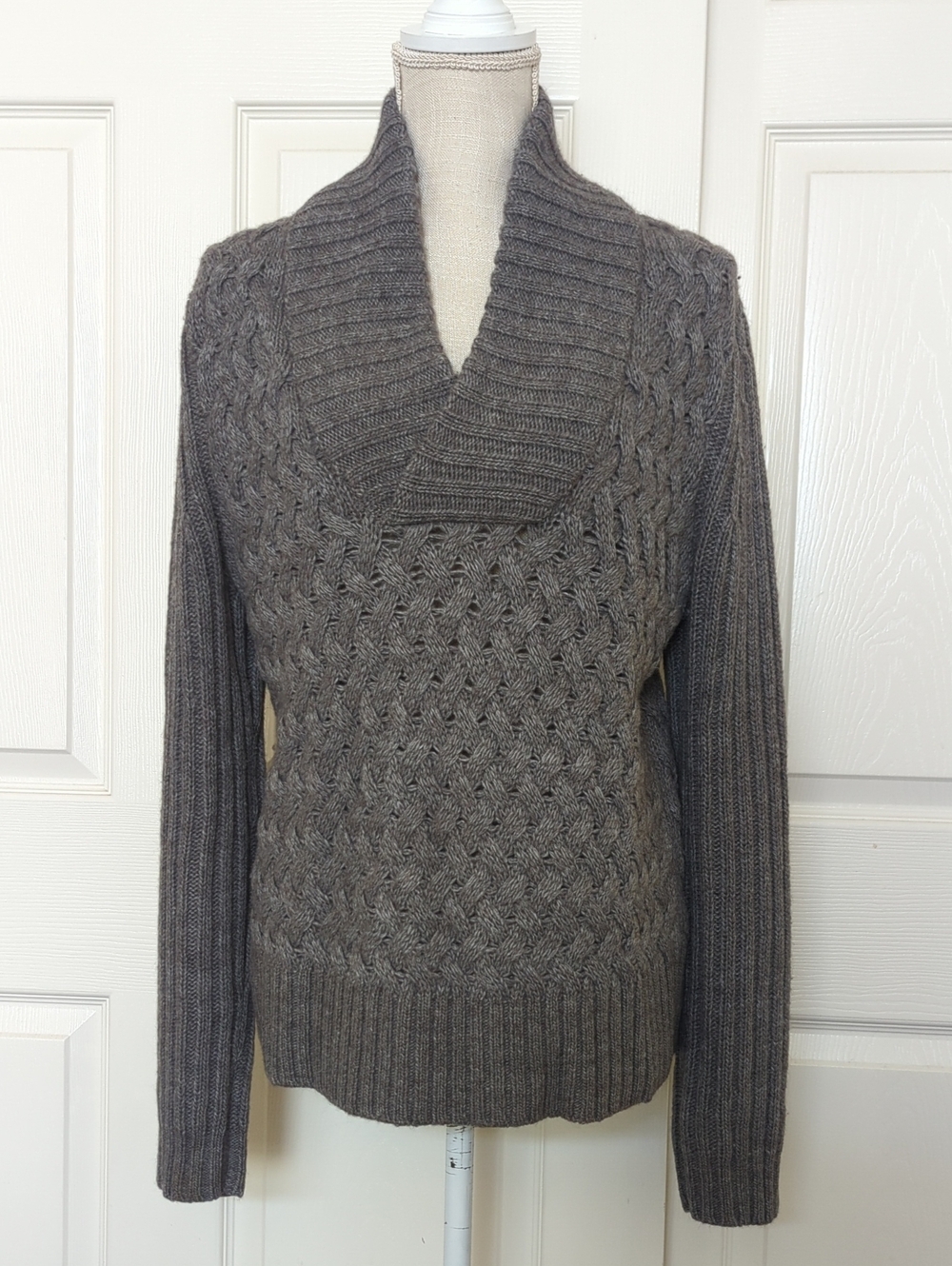 Theory Darren Dahu Gray Cable-Knit Shawl Collar Sweater